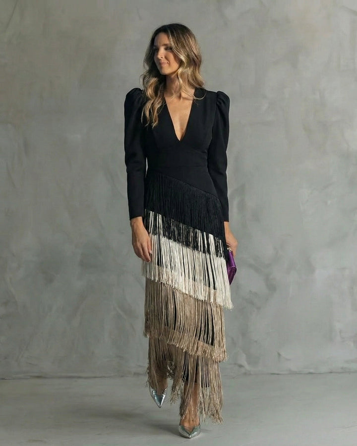 BLANCA™ | VESTIDO ELEGANTE CON MANGAS DE FLECOS